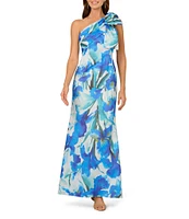 Adrianna Papell Scuba Floral Print One-Shoulder Neck Sleeveless Bow Detail Mermaid Gown