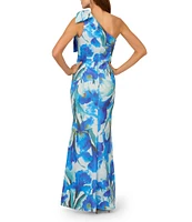 Adrianna Papell Scuba Floral Print One-Shoulder Neck Sleeveless Bow Detail Mermaid Gown
