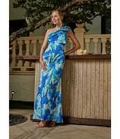 Adrianna Papell Scuba Floral Print One-Shoulder Neck Sleeveless Bow Detail Mermaid Gown
