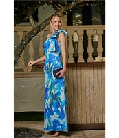 Adrianna Papell Scuba Floral Print One-Shoulder Neck Sleeveless Bow Detail Mermaid Gown