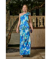 Adrianna Papell Scuba Floral Print One-Shoulder Neck Sleeveless Bow Detail Mermaid Gown
