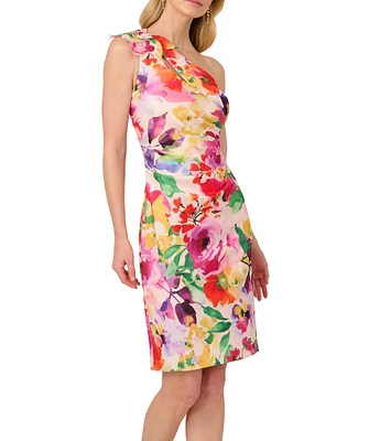 Adrianna Papell Scuba Floral Print One-Shoulder Neck Sleeveless Sheath Midi Dress