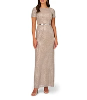 Adrianna Papell Sequin Beaded Mesh Crew Neck Short Sleeve Metallic Belt V-Back Gown