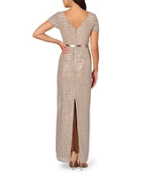 Adrianna Papell Sequin Beaded Mesh Crew Neck Short Sleeve Metallic Belt V-Back Gown