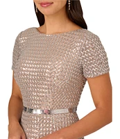 Adrianna Papell Sequin Beaded Mesh Crew Neck Short Sleeve Metallic Belt V-Back Gown