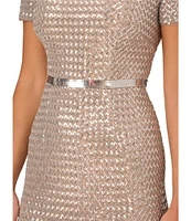 Adrianna Papell Sequin Beaded Mesh Crew Neck Short Sleeve Metallic Belt V-Back Gown