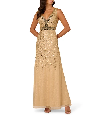 Adrianna Papell Sequin Beaded Mesh V-Neck Sleeveless Gown