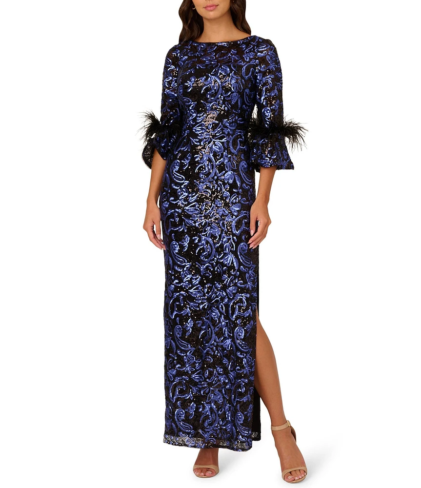 Adrianna Papell Sequin Boat Neck 3/4 Feather Bell Sleeve Embroidered Slim Column Gown