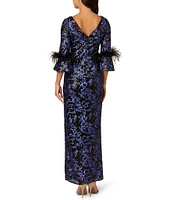 Adrianna Papell Sequin Boat Neck 3/4 Feather Bell Sleeve Embroidered Slim Column Gown