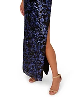 Adrianna Papell Sequin Boat Neck 3/4 Feather Bell Sleeve Embroidered Slim Column Gown