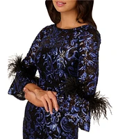 Adrianna Papell Sequin Boat Neck 3/4 Feather Bell Sleeve Embroidered Slim Column Gown