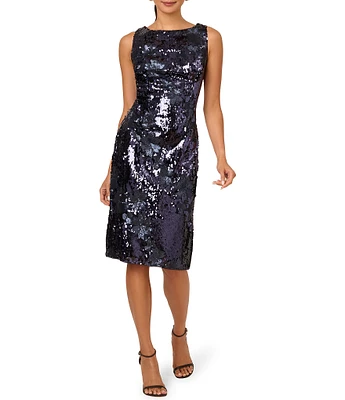 Adrianna Papell Sequin Boat Neck Sleeveless Sheath Dress