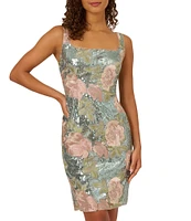 Adrianna Papell Sequin Embroidery Floral Print Square Neck Sleeveless Sheath Dress