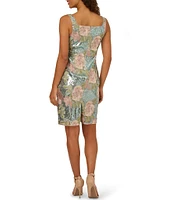 Adrianna Papell Sequin Embroidery Floral Print Square Neck Sleeveless Sheath Dress