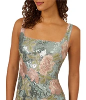 Adrianna Papell Sequin Embroidery Floral Print Square Neck Sleeveless Sheath Dress