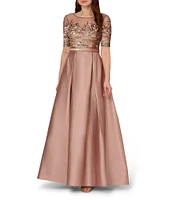 Adrianna Papell Sequin Illusion Round Neck Short Sleeve Gown