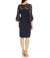 Adrianna Papell Sequin Lace 3/4 Bell Sleeve Round Illusion Neck Jersey Side Draped Sheath Dress