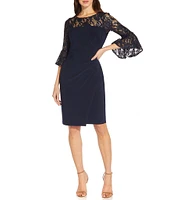 Adrianna Papell Sequin Lace 3/4 Bell Sleeve Round Illusion Neck Jersey Side Draped Sheath Dress