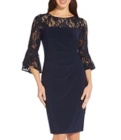 Adrianna Papell Sequin Lace 3/4 Bell Sleeve Round Illusion Neck Jersey Side Draped Sheath Dress