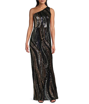 Adrianna Papell Sequin One Shoulder Sleeveless Gown