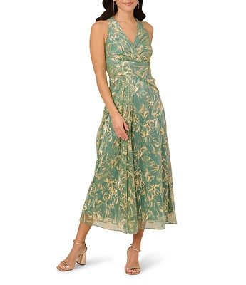 Adrianna Papell Sheath Pleated Bodice V-Neck Sleeveless Metallic Crinkle Chiffon Midi Dress