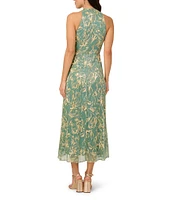Adrianna Papell Sheath Pleated Bodice V-Neck Sleeveless Metallic Crinkle Chiffon Midi Dress