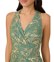 Adrianna Papell Sheath Pleated Bodice V-Neck Sleeveless Metallic Crinkle Chiffon Midi Dress
