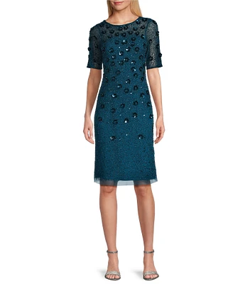 Adrianna Papell Short Elbow Sleeve Floral Applique Round Neck Beaded Sheath Dress