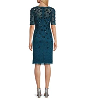 Adrianna Papell Short Elbow Sleeve Floral Applique Round Neck Beaded Sheath Dress