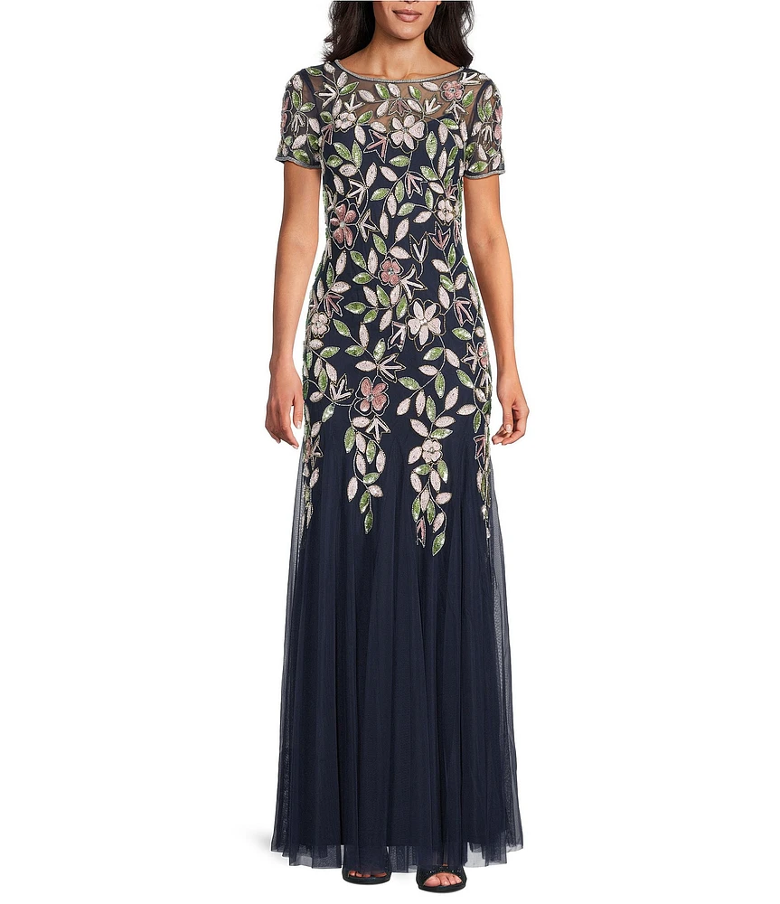 Adrianna Papell Short Sleeve Boat Neck Beaded Floral Mesh Gown