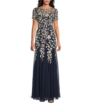 Adrianna Papell Short Sleeve Boat Neck Beaded Floral Mesh Gown
