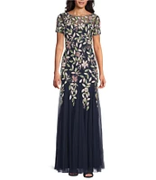 Adrianna Papell Short Sleeve Boat Neck Beaded Floral Mesh Gown