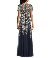 Adrianna Papell Short Sleeve Boat Neck Beaded Floral Mesh Gown