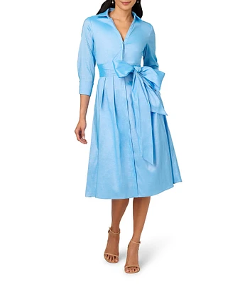 Adrianna Papell Silky Taffeta Collared V-Neck Oversize Bow Sash 3/4 Sleeve Button Front Shirt Dress