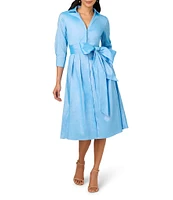 Adrianna Papell Silky Taffeta Collared V-Neck Oversize Bow Sash 3/4 Sleeve Button Front Shirt Dress