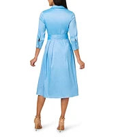 Adrianna Papell Silky Taffeta Collared V-Neck Oversize Bow Sash 3/4 Sleeve Button Front Shirt Dress