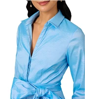 Adrianna Papell Silky Taffeta Collared V-Neck Oversize Bow Sash 3/4 Sleeve Button Front Shirt Dress