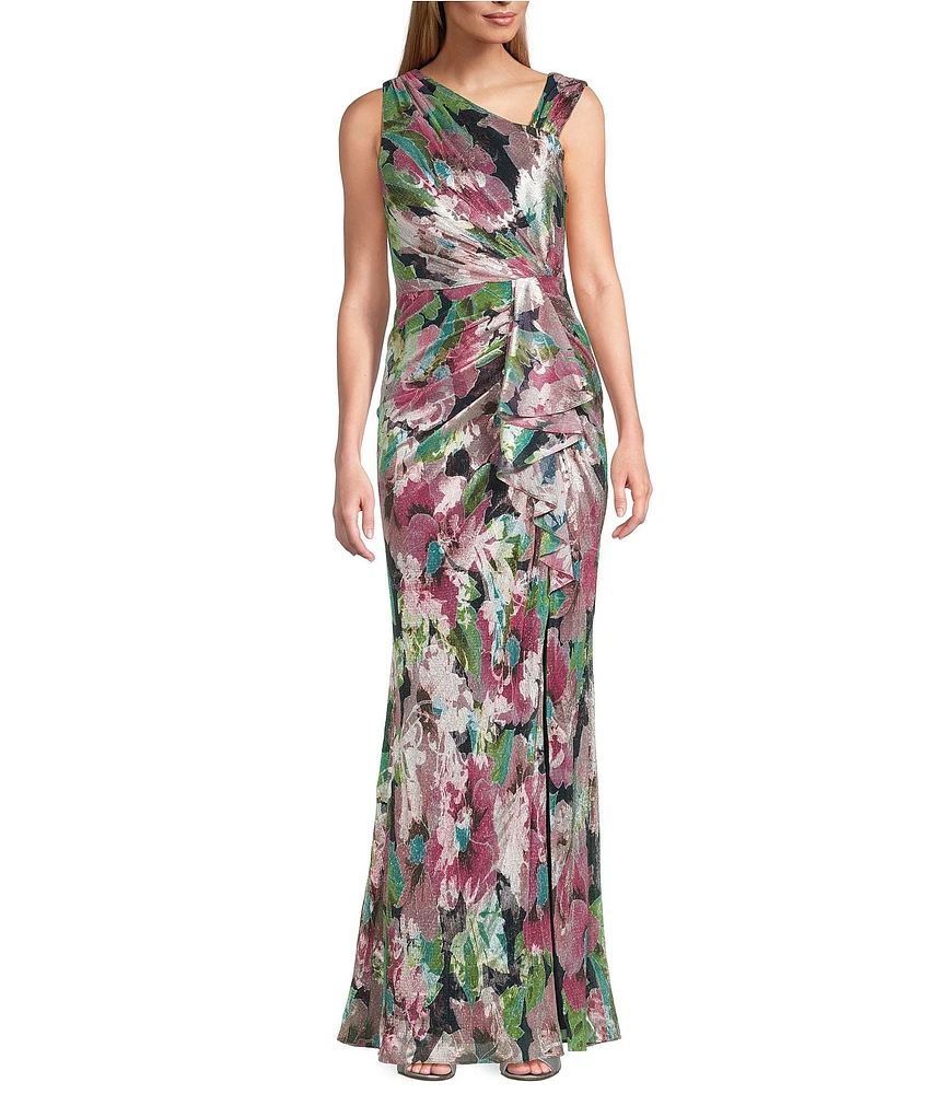 Adrianna Papell Sleeveless Floral Print L-Neck Gown
