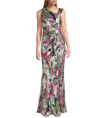 Adrianna Papell Sleeveless Floral Print L-Neck Gown