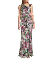 Adrianna Papell Sleeveless Floral Print L-Neck Gown
