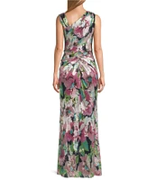 Adrianna Papell Sleeveless Floral Print L-Neck Gown