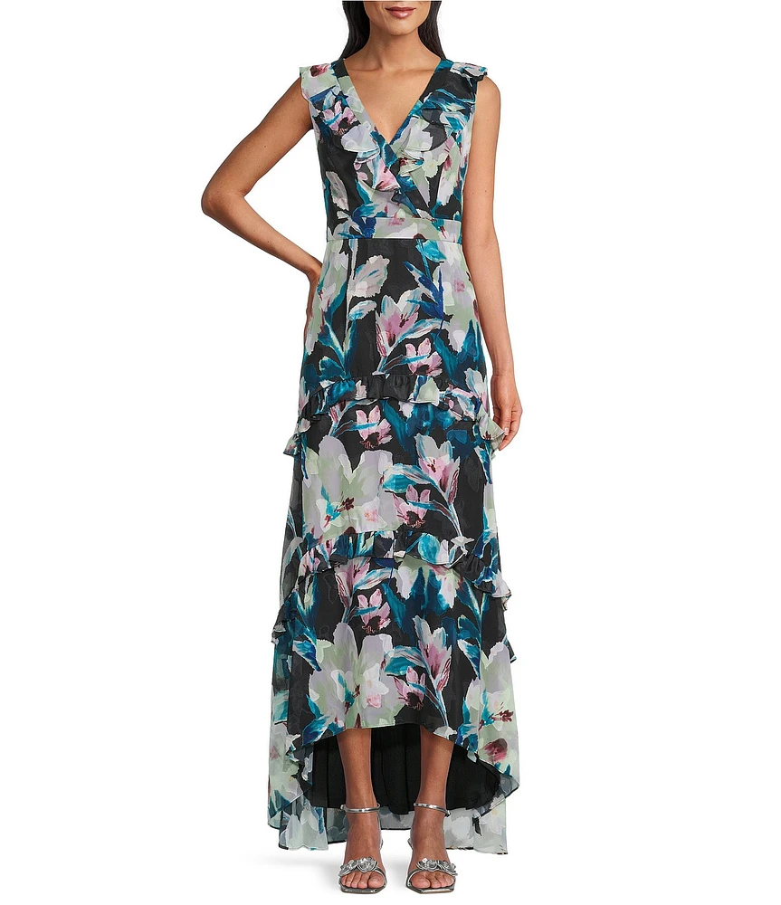 Adrianna Papell Sleeveless Ruffle V-Neck Floral Print Chiffon High-Low Hem Dress