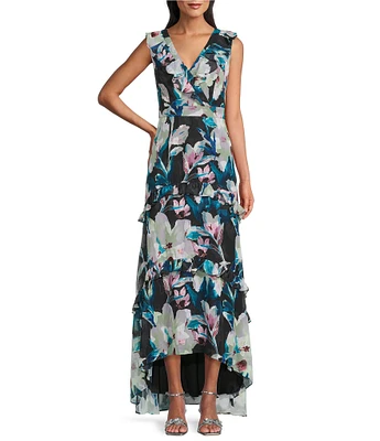 Adrianna Papell Sleeveless Ruffle V-Neck Floral Print Chiffon High-Low Hem Dress