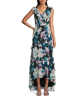 Adrianna Papell Sleeveless Ruffle V-Neck Floral Print Chiffon High-Low Hem Dress