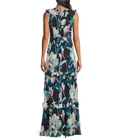 Adrianna Papell Sleeveless Ruffle V-Neck Floral Print Chiffon High-Low Hem Dress