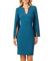 Adrianna Papell Solid Crepe Jewel Embellished Split V-Neck Long Sleeve Sheath Dress