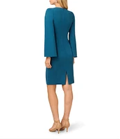 Adrianna Papell Solid Crepe Jewel Embellished Split V-Neck Long Sleeve Sheath Dress