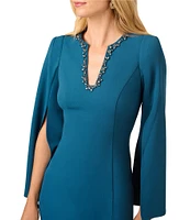 Adrianna Papell Solid Crepe Jewel Embellished Split V-Neck Long Sleeve Sheath Dress