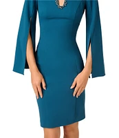 Adrianna Papell Solid Crepe Jewel Embellished Split V-Neck Long Sleeve Sheath Dress