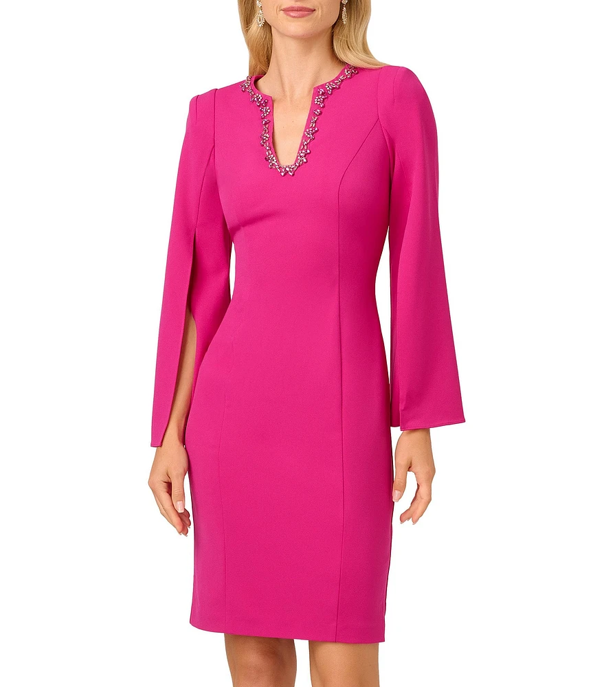 Adrianna Papell Solid Crepe Jewel Embellished Split V-Neck Long Sleeve Sheath Dress